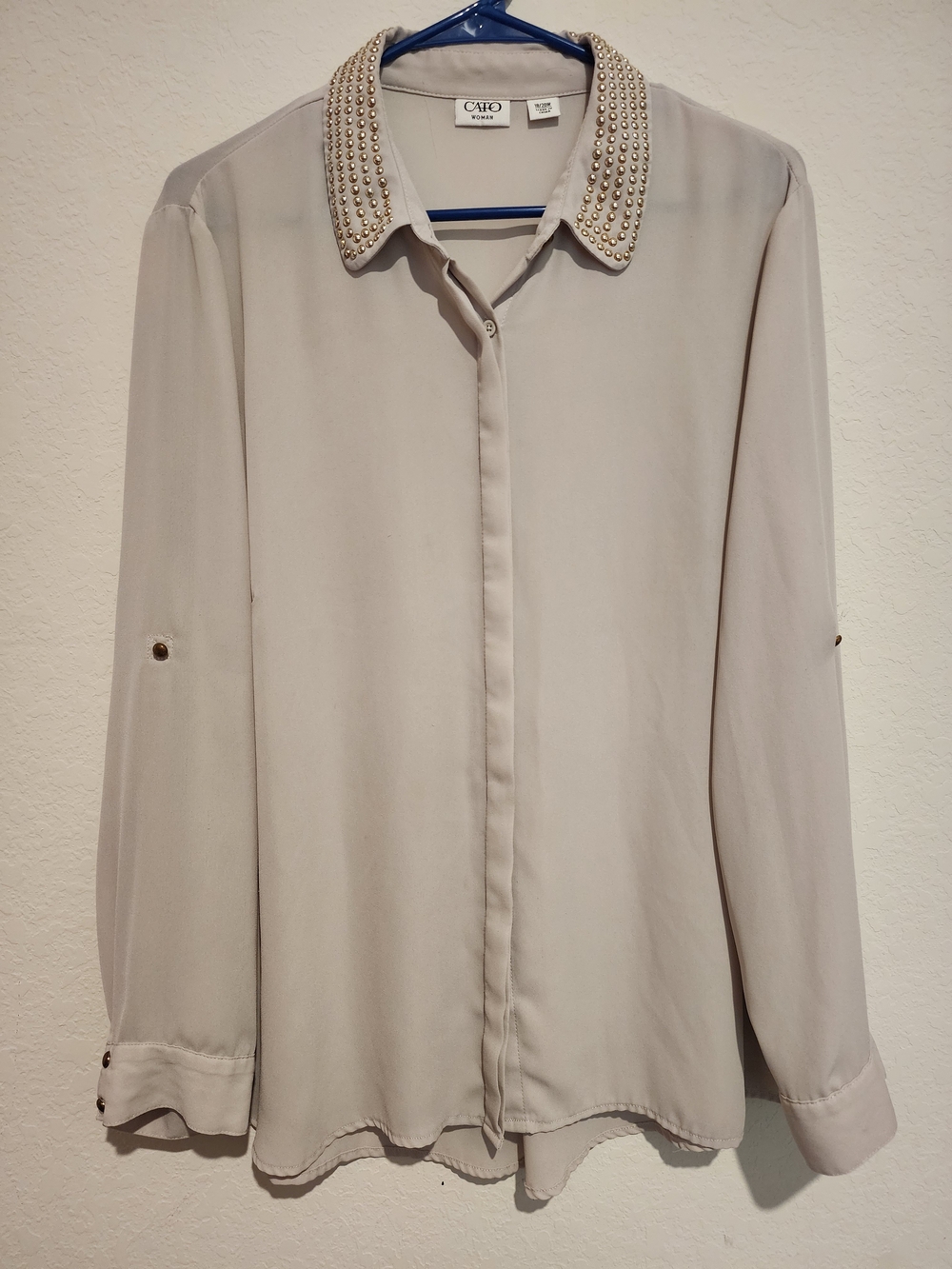 Cato Pearl-Studded Collar Beige Dress Shirt